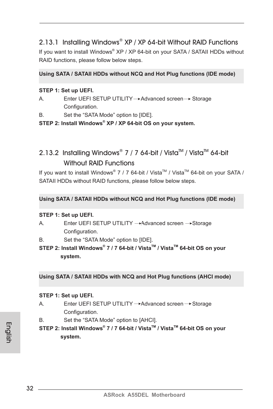 English, 1 installing windows, Xp / xp 64-bit without raid functions | 2 installing windows, 7 / 7 64-bit / vista, Vista, Bit without raid functions | ASRock A55DEL User Manual | Page 32 / 181