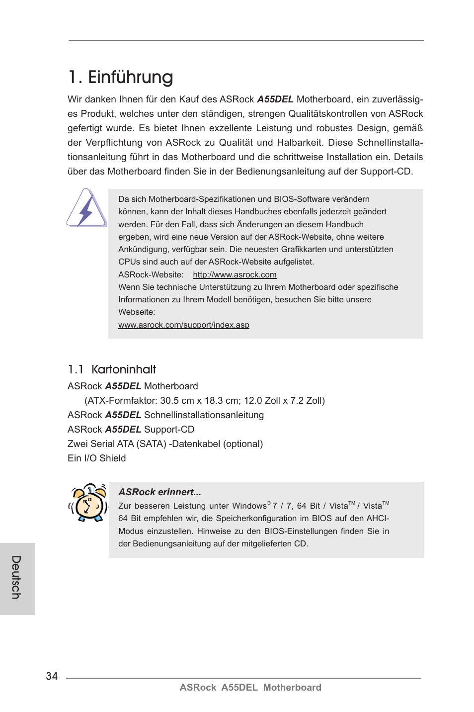 German, Einführung, 1 kartoninhalt | Deutsch | ASRock A55DEL User Manual | Page 34 / 181