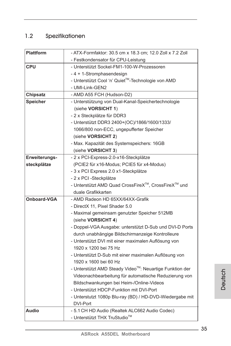 2 spezifikationen, Deutsch | ASRock A55DEL User Manual | Page 35 / 181
