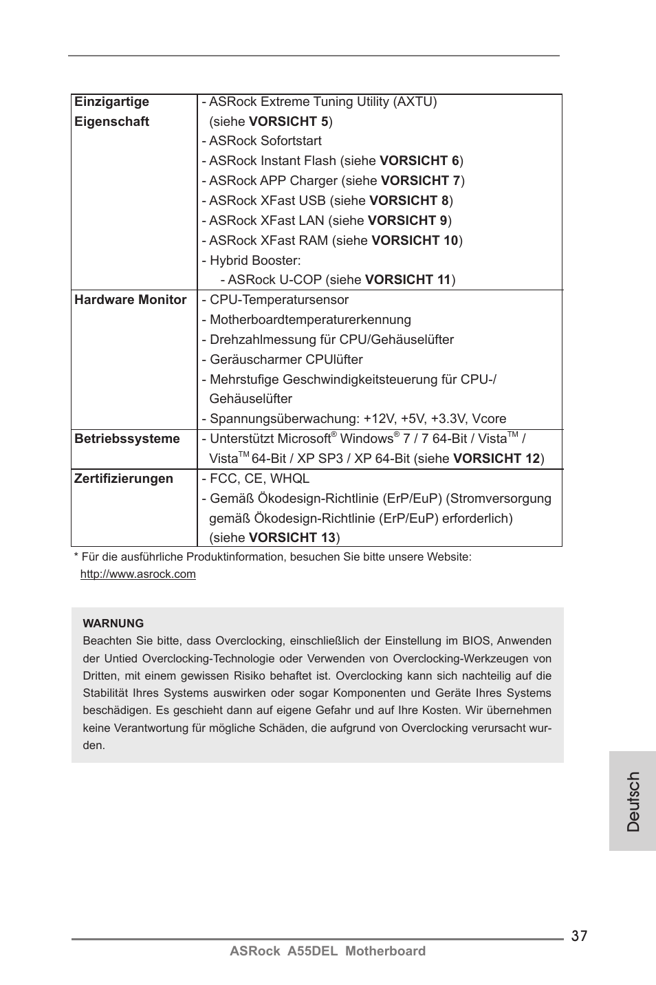 Deutsch | ASRock A55DEL User Manual | Page 37 / 181