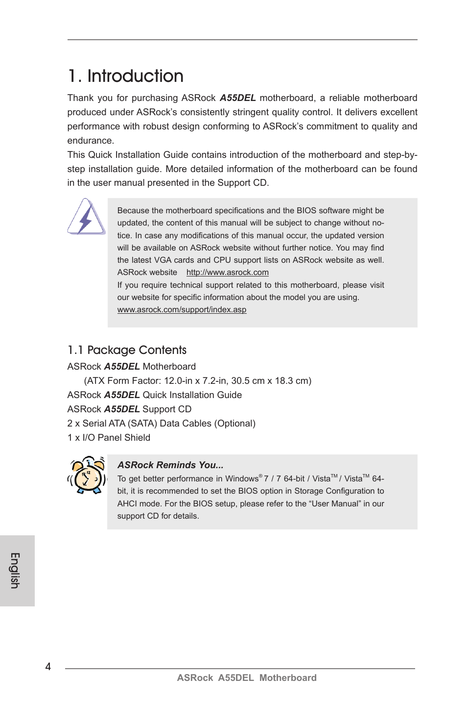 Introduction, English, 1 package contents | ASRock A55DEL User Manual | Page 4 / 181