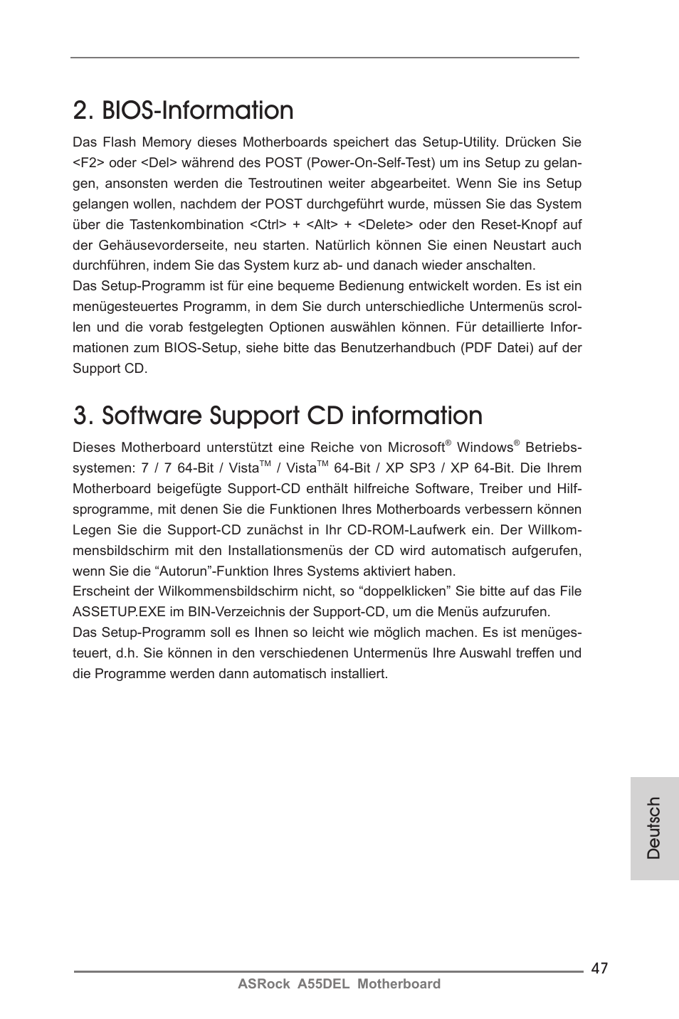 Bios-information, Software support cd information, Deutsch | ASRock A55DEL User Manual | Page 47 / 181