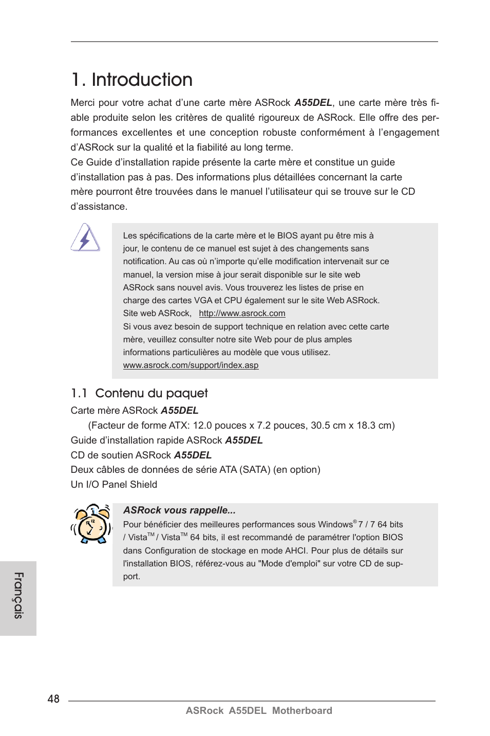 French, Introduction, 1 contenu du paquet | Français | ASRock A55DEL User Manual | Page 48 / 181