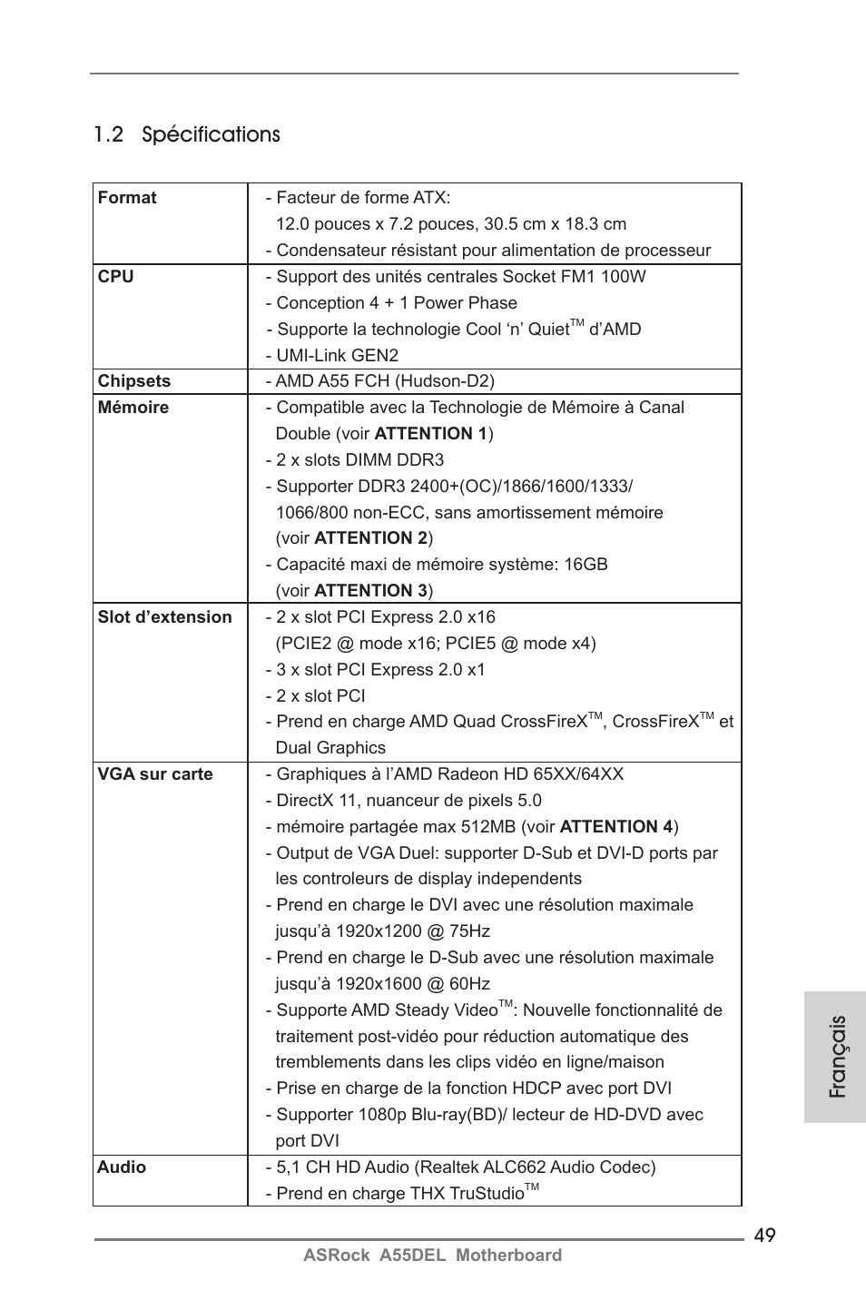 Français 1.2 spécifications | ASRock A55DEL User Manual | Page 49 / 181
