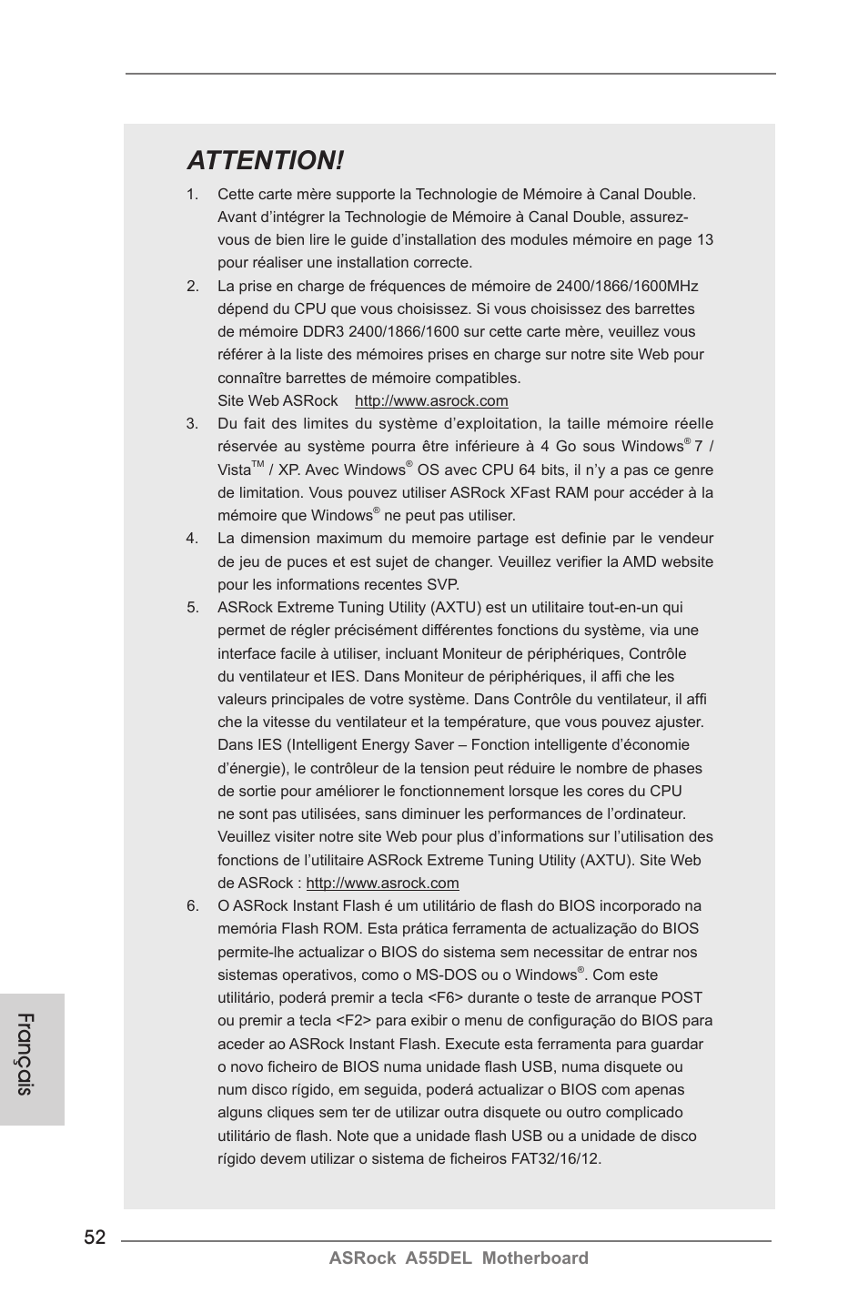 Attention, Français | ASRock A55DEL User Manual | Page 52 / 181