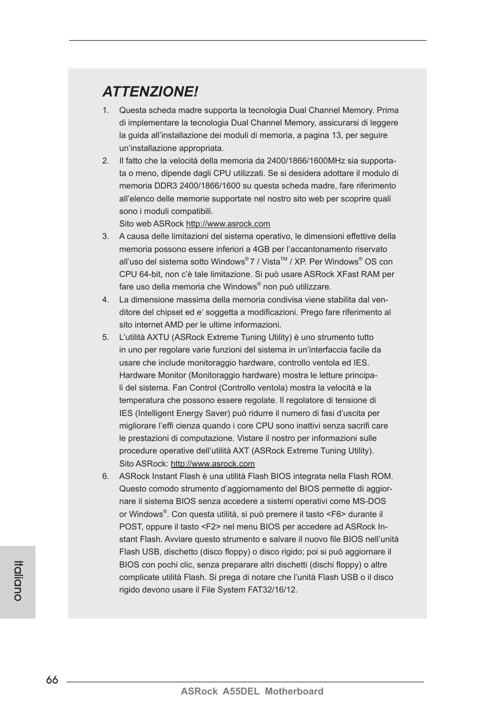 Attenzione, Italiano | ASRock A55DEL User Manual | Page 66 / 181