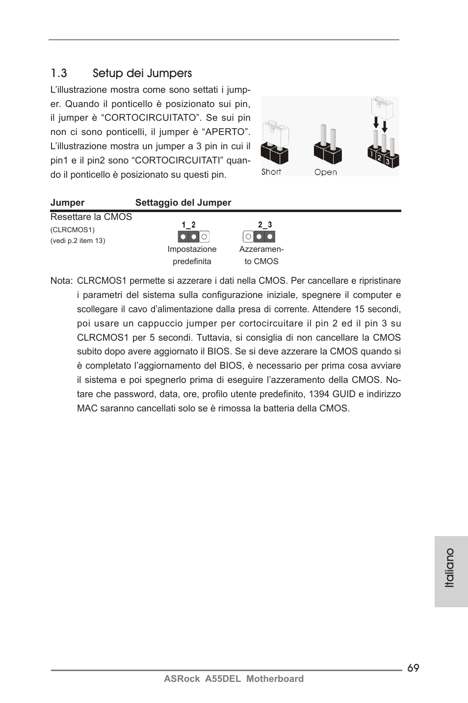Italiano 1.3 setup dei jumpers | ASRock A55DEL User Manual | Page 69 / 181