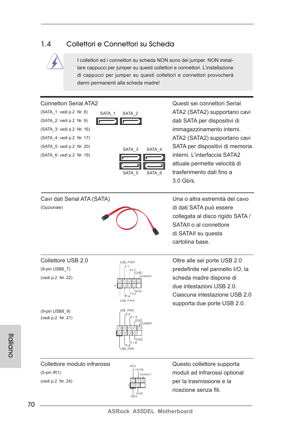 Italiano, 4 collettori e connettori su scheda | ASRock A55DEL User Manual | Page 70 / 181