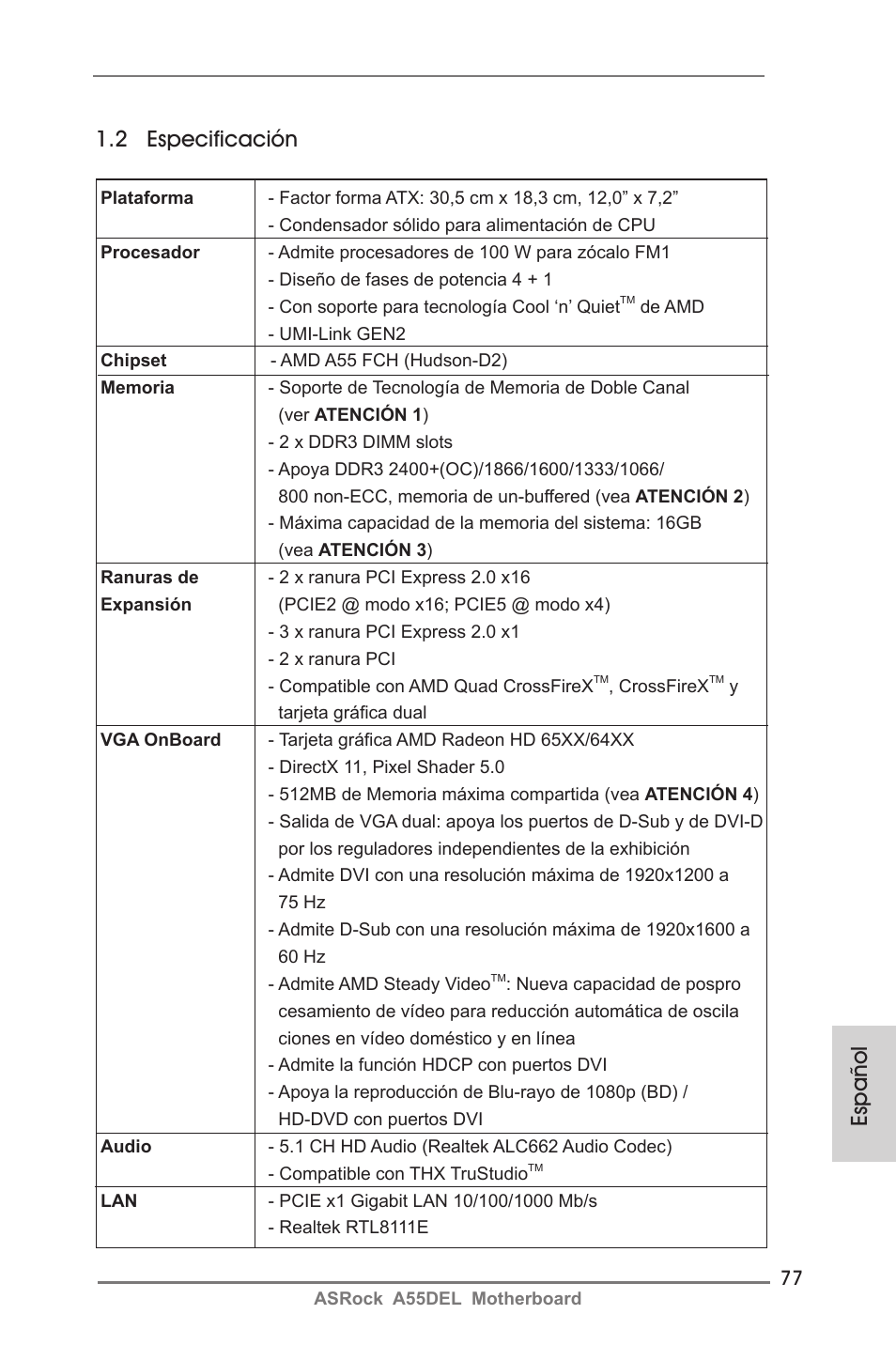 Español 1.2 especificación | ASRock A55DEL User Manual | Page 77 / 181