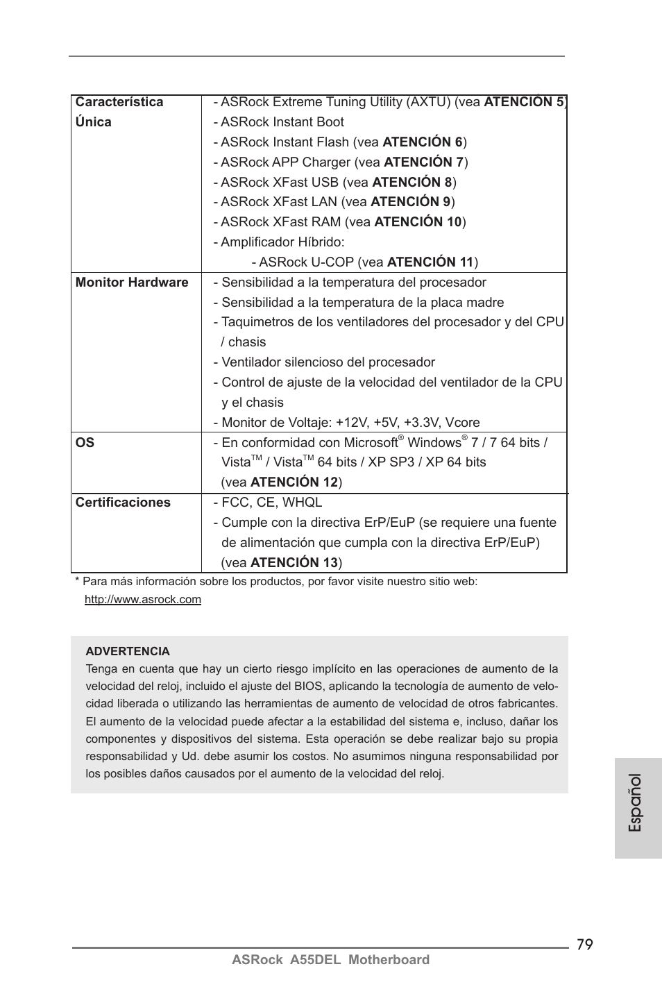 Español | ASRock A55DEL User Manual | Page 79 / 181