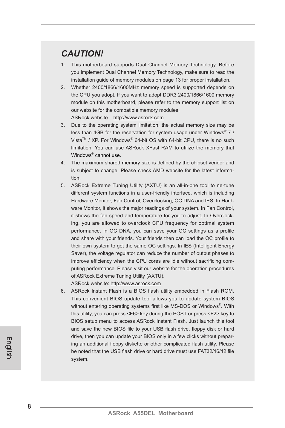 Caution, English | ASRock A55DEL User Manual | Page 8 / 181