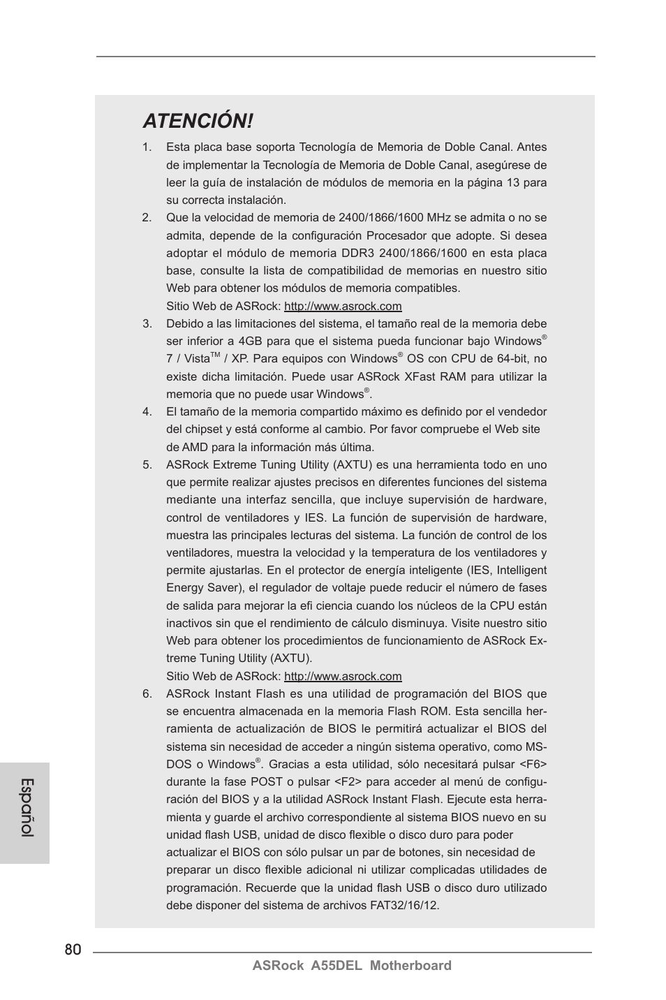 Atención, Español | ASRock A55DEL User Manual | Page 80 / 181