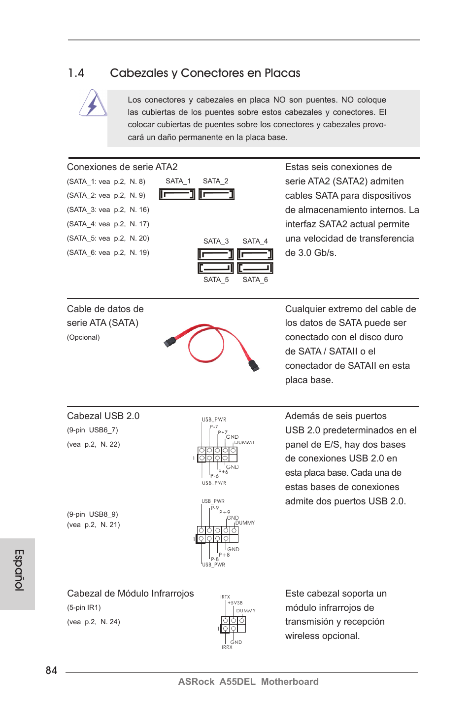 Español, 4 cabezales y conectores en placas | ASRock A55DEL User Manual | Page 84 / 181