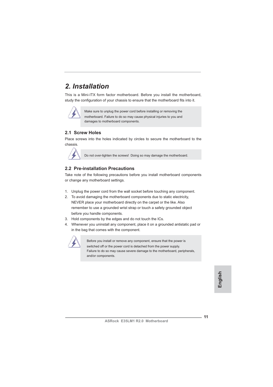 Installation, English, 1 screw holes | 2 pre-installation precautions | ASRock E35LM1 R2.0 User Manual | Page 11 / 95