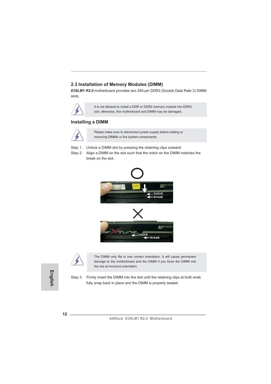 Installing a dimm | ASRock E35LM1 R2.0 User Manual | Page 12 / 95