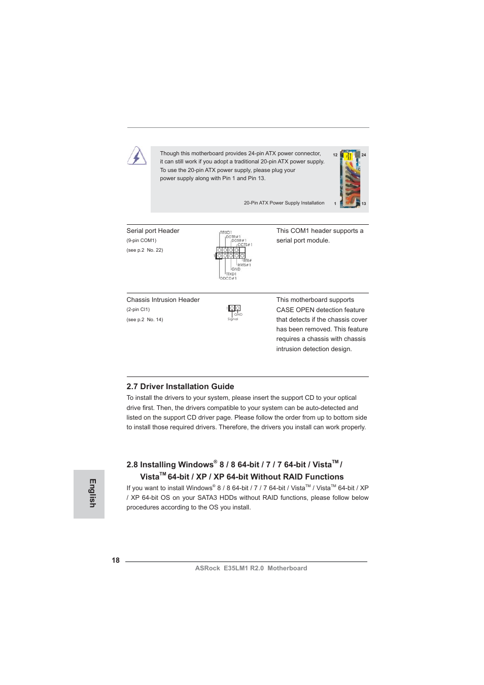English, 7 driver installation guide, 8 installing windows | Vista, Bit / xp / xp 64-bit without raid functions | ASRock E35LM1 R2.0 User Manual | Page 18 / 95