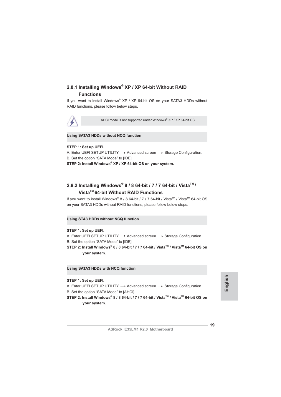 English 2.8.1 installing windows, Xp / xp 64-bit without raid functions, 2 installing windows | Vista, Bit without raid functions | ASRock E35LM1 R2.0 User Manual | Page 19 / 95