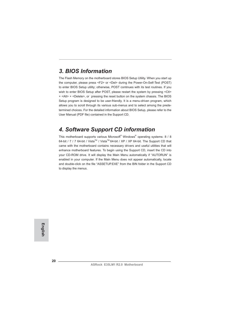 Bios information, Software support cd information, English | ASRock E35LM1 R2.0 User Manual | Page 20 / 95