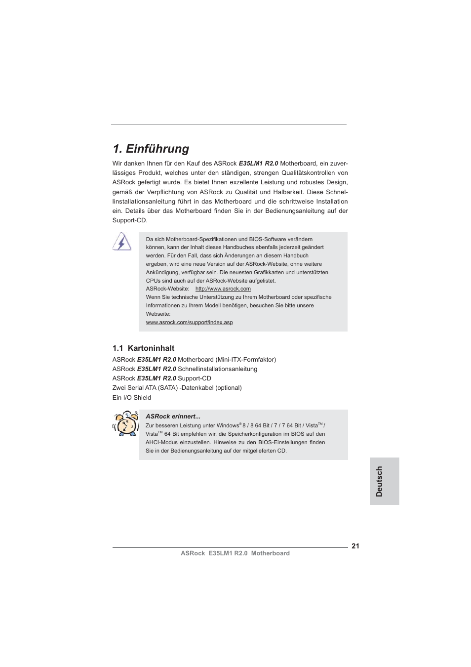 German, Einführung, Deutsch | 1 kartoninhalt | ASRock E35LM1 R2.0 User Manual | Page 21 / 95