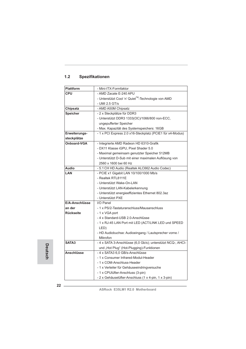 2 spezifi kationen, Deutsch | ASRock E35LM1 R2.0 User Manual | Page 22 / 95