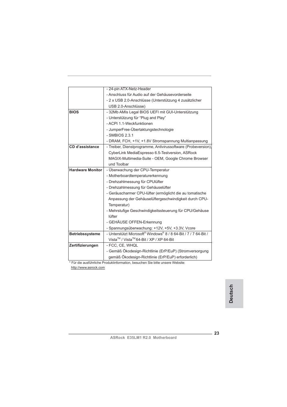 Deutsch | ASRock E35LM1 R2.0 User Manual | Page 23 / 95