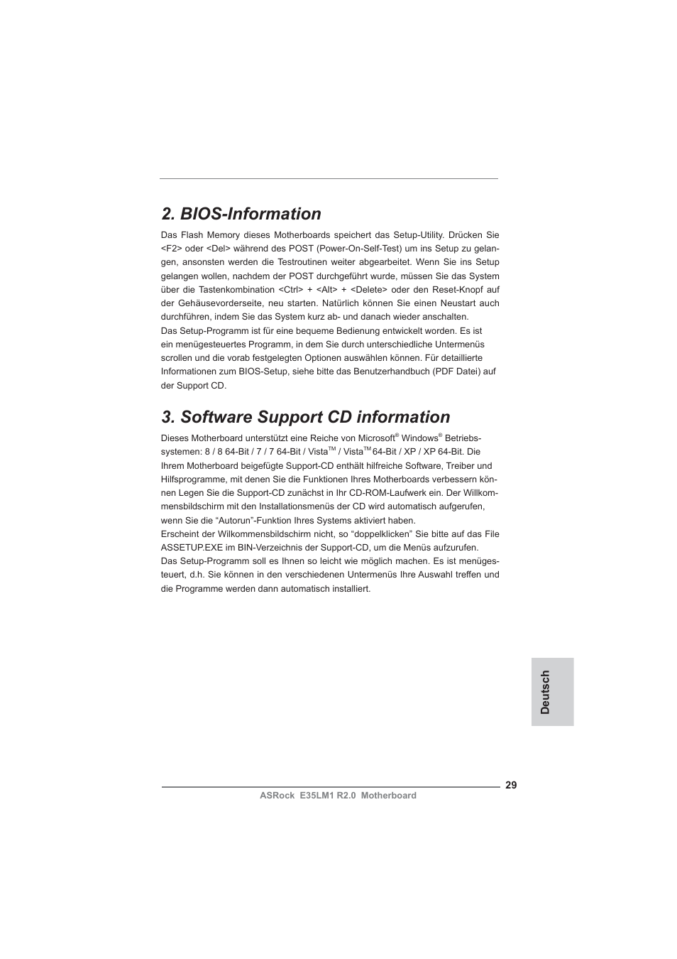 Bios-information, Software support cd information | ASRock E35LM1 R2.0 User Manual | Page 29 / 95