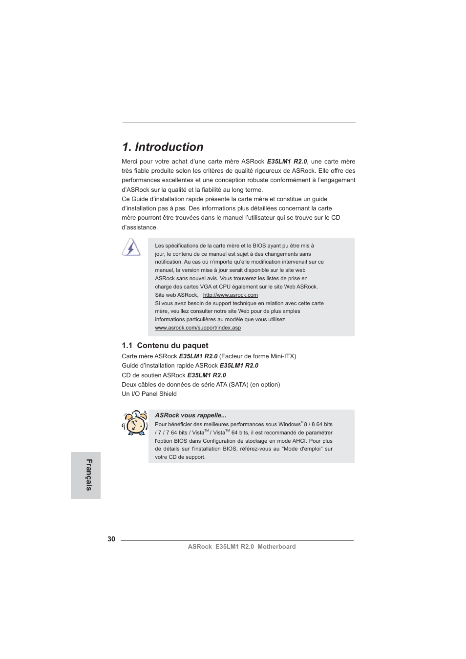 French, Introduction, 1 contenu du paquet | Français | ASRock E35LM1 R2.0 User Manual | Page 30 / 95