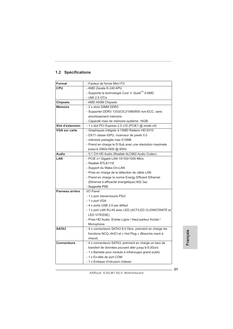 Français 1.2 spécifi cations | ASRock E35LM1 R2.0 User Manual | Page 31 / 95