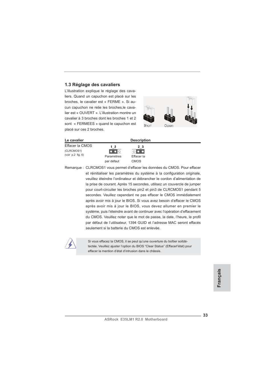 Français 1.3 réglage des cavaliers | ASRock E35LM1 R2.0 User Manual | Page 33 / 95
