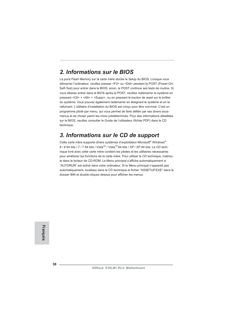 Informations sur le bios, Informations sur le cd de support | ASRock E35LM1 R2.0 User Manual | Page 38 / 95