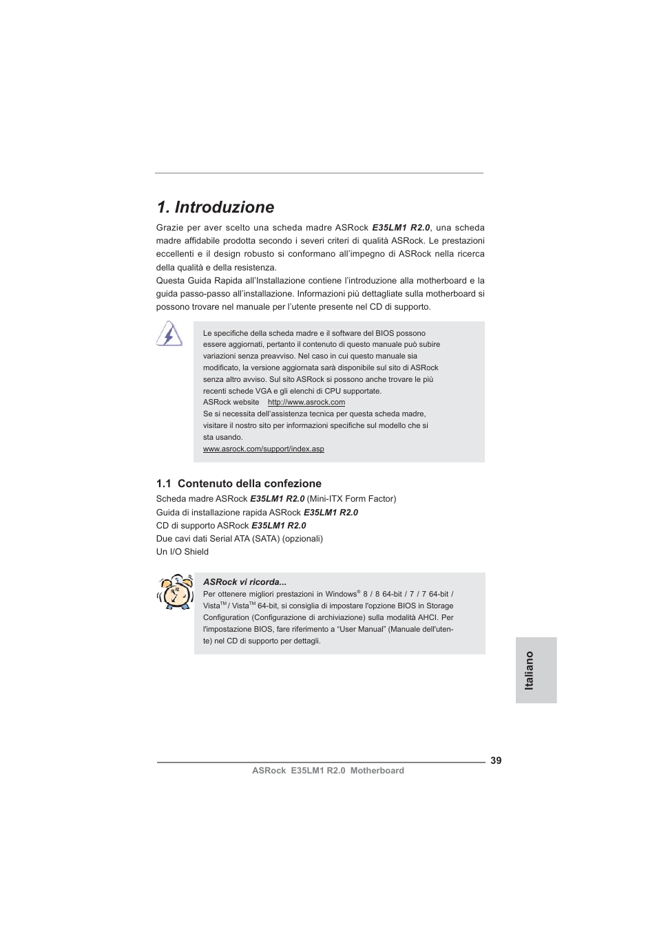 Italian, Introduzione, Italiano | 1 contenuto della confezione | ASRock E35LM1 R2.0 User Manual | Page 39 / 95