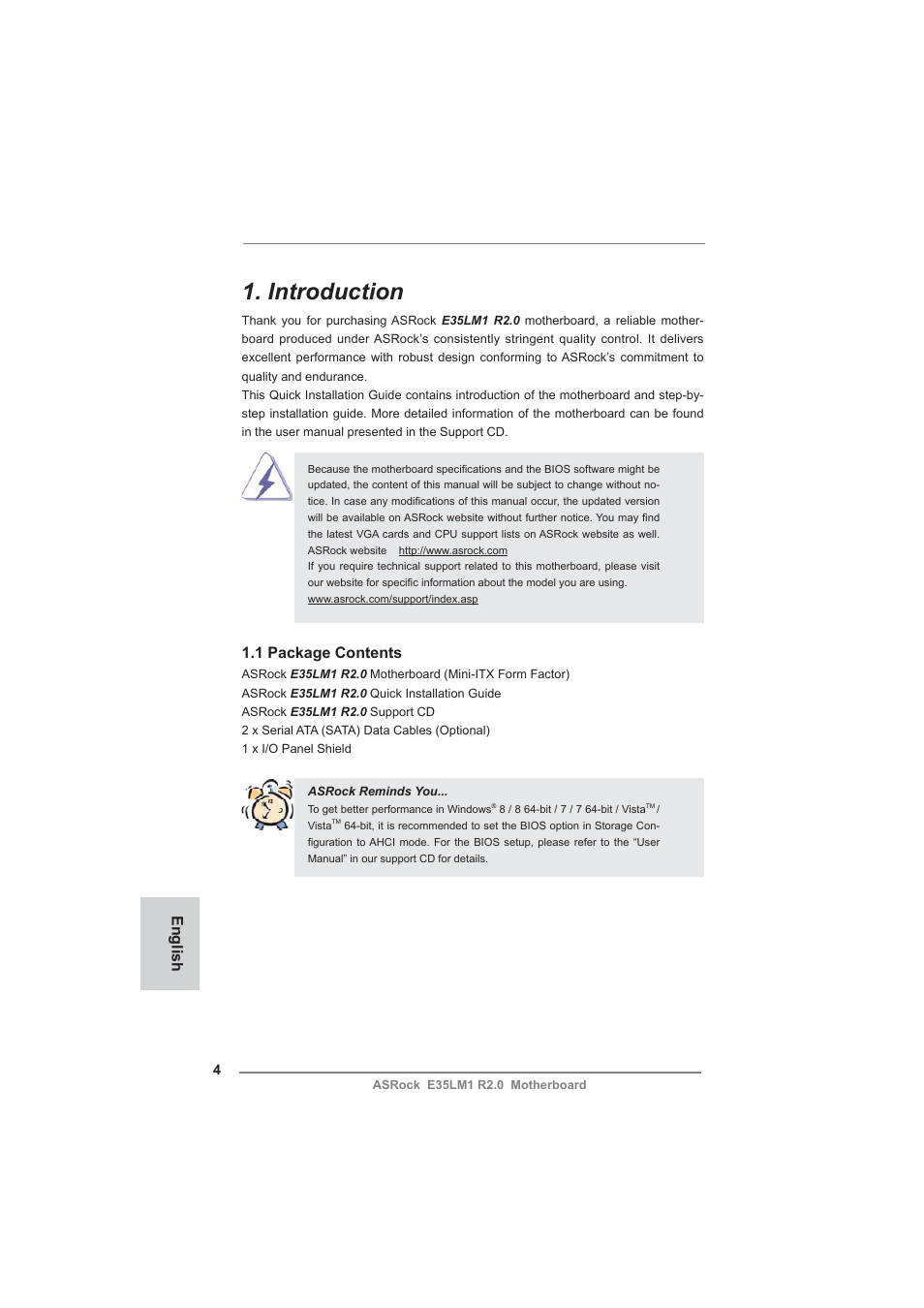 Introduction, English, 1 package contents | ASRock E35LM1 R2.0 User Manual | Page 4 / 95