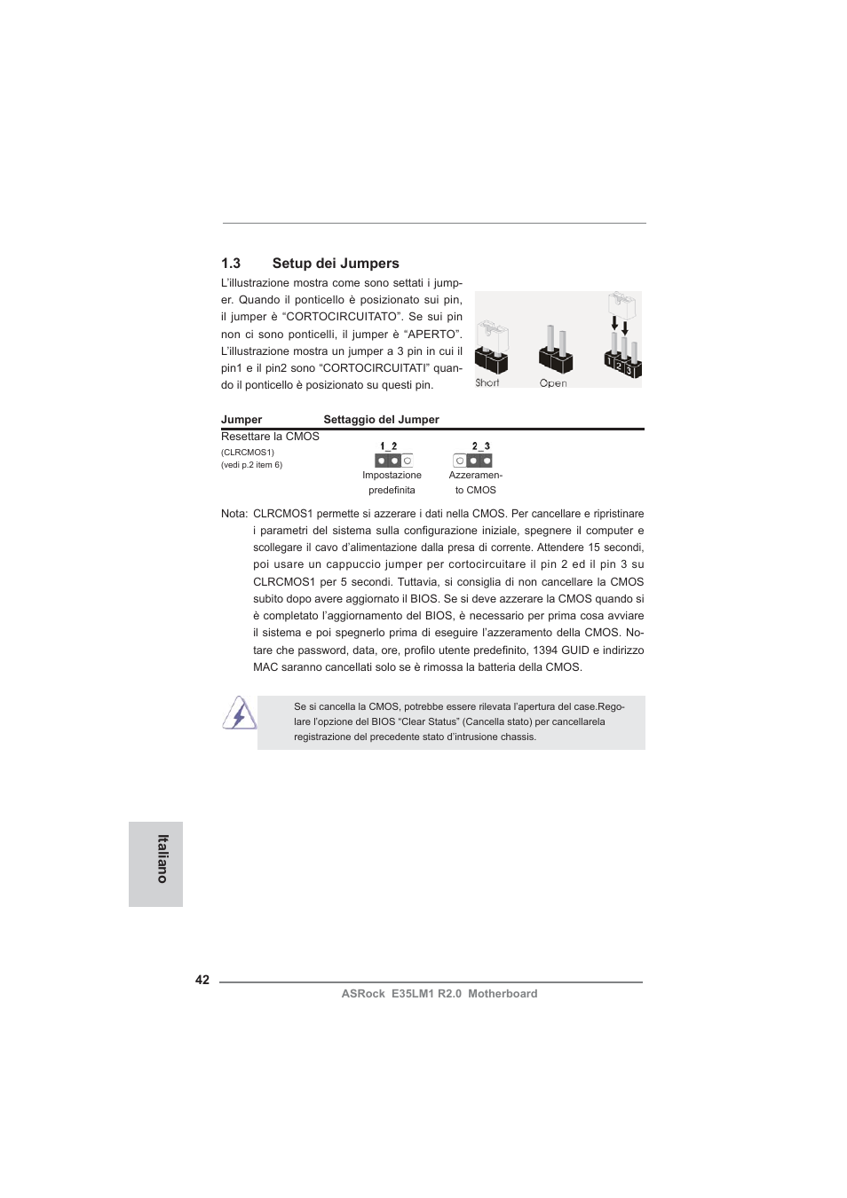 3 setup dei jumpers, Italiano | ASRock E35LM1 R2.0 User Manual | Page 42 / 95