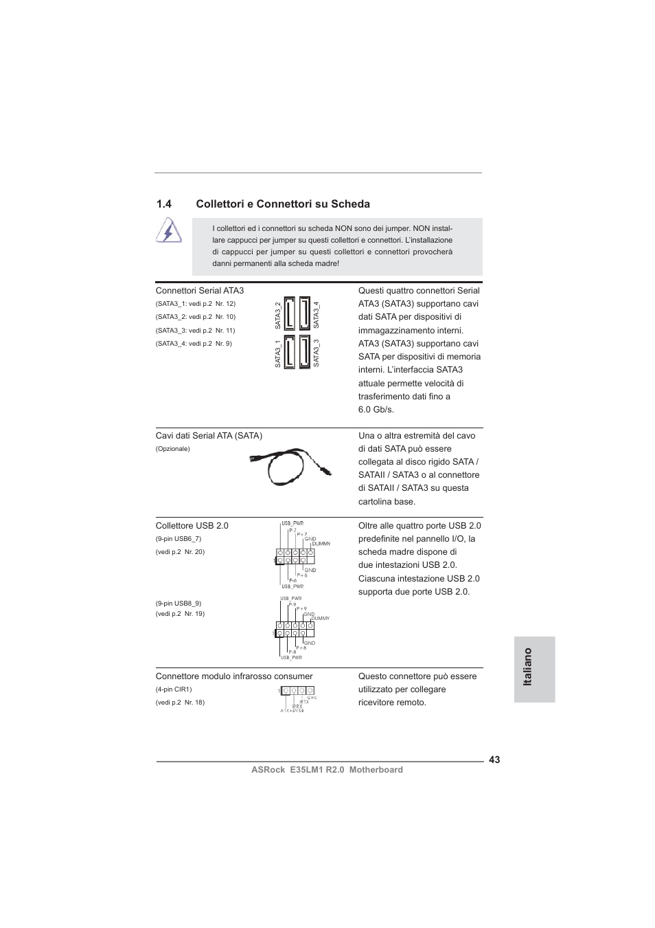 Italiano 1.4 collettori e connettori su scheda | ASRock E35LM1 R2.0 User Manual | Page 43 / 95