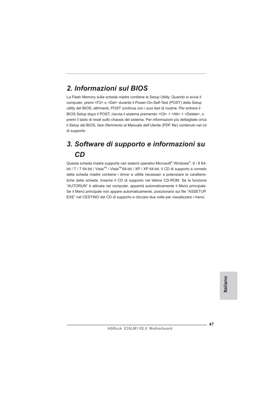 Informazioni sul bios, Software di supporto e informazioni su cd | ASRock E35LM1 R2.0 User Manual | Page 47 / 95