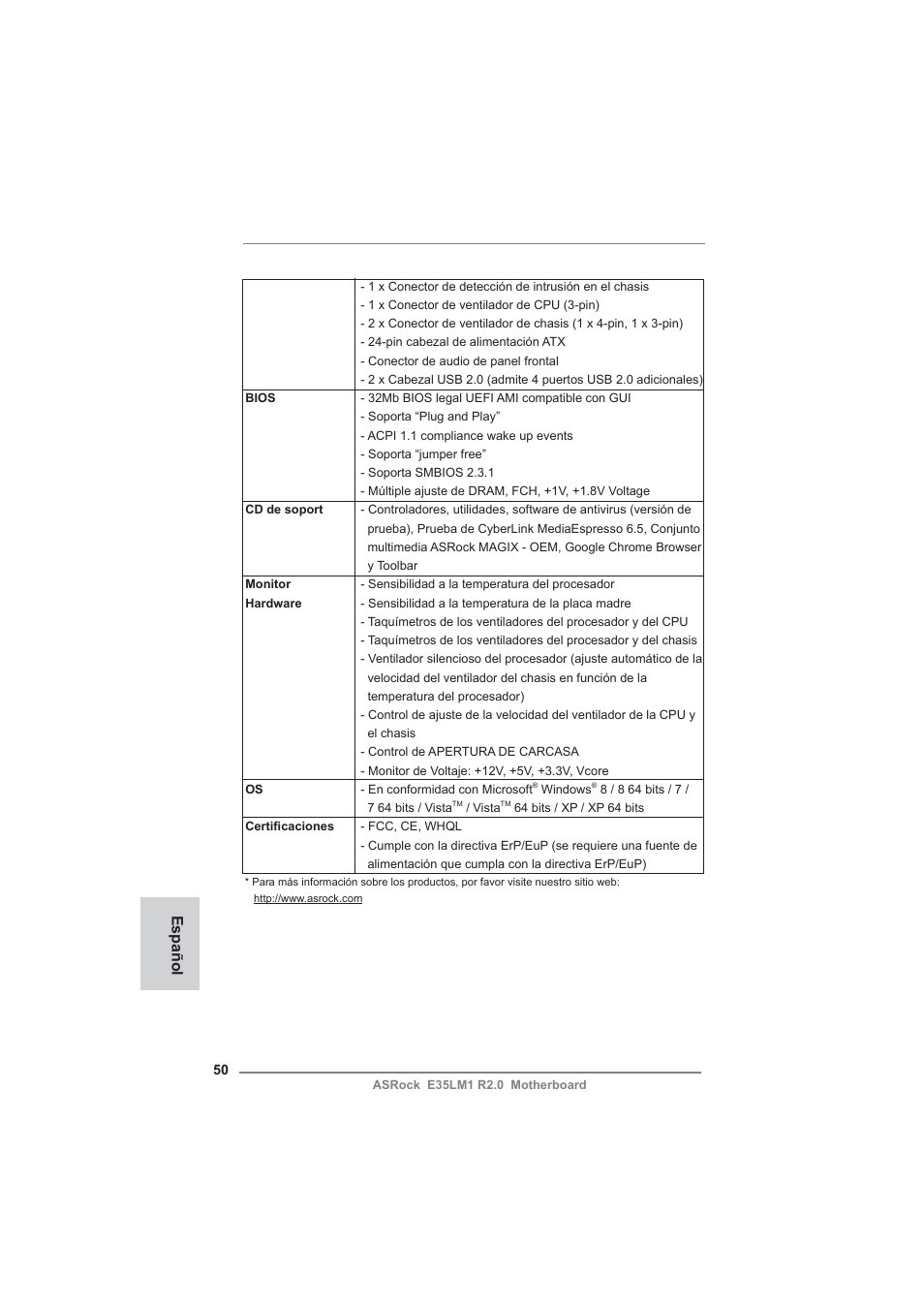 Español | ASRock E35LM1 R2.0 User Manual | Page 50 / 95