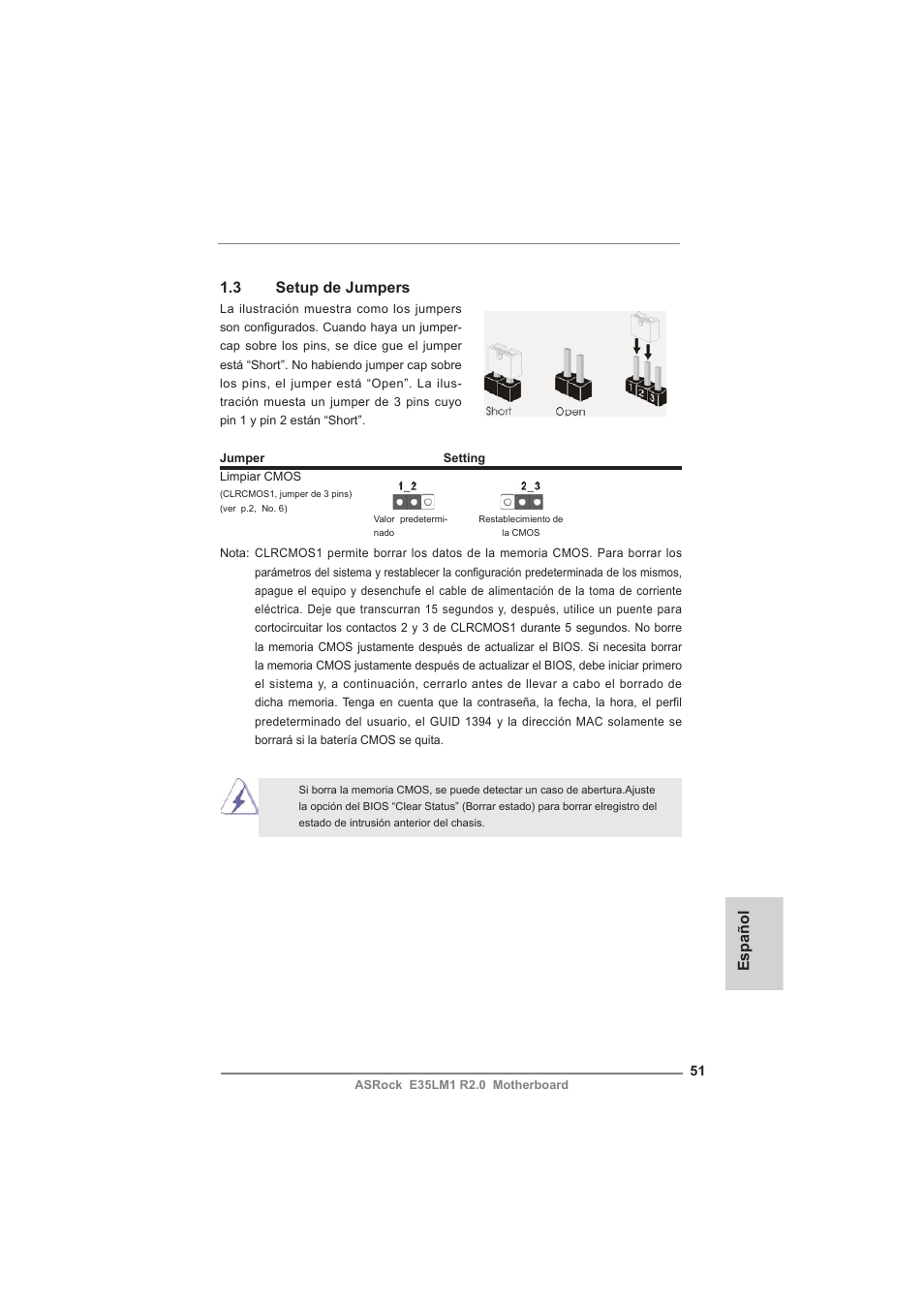 Español 1.3 setup de jumpers | ASRock E35LM1 R2.0 User Manual | Page 51 / 95