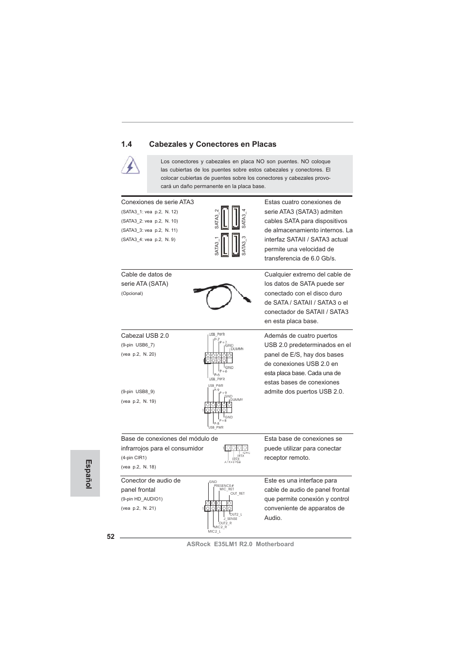 4 cabezales y conectores en placas, Español | ASRock E35LM1 R2.0 User Manual | Page 52 / 95