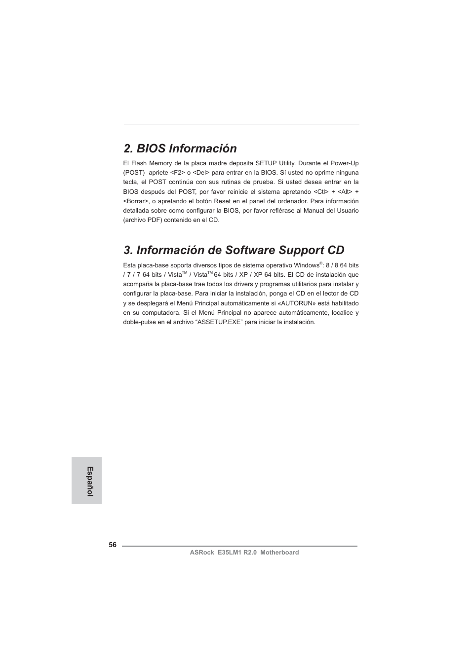 Bios información, Información de software support cd | ASRock E35LM1 R2.0 User Manual | Page 56 / 95