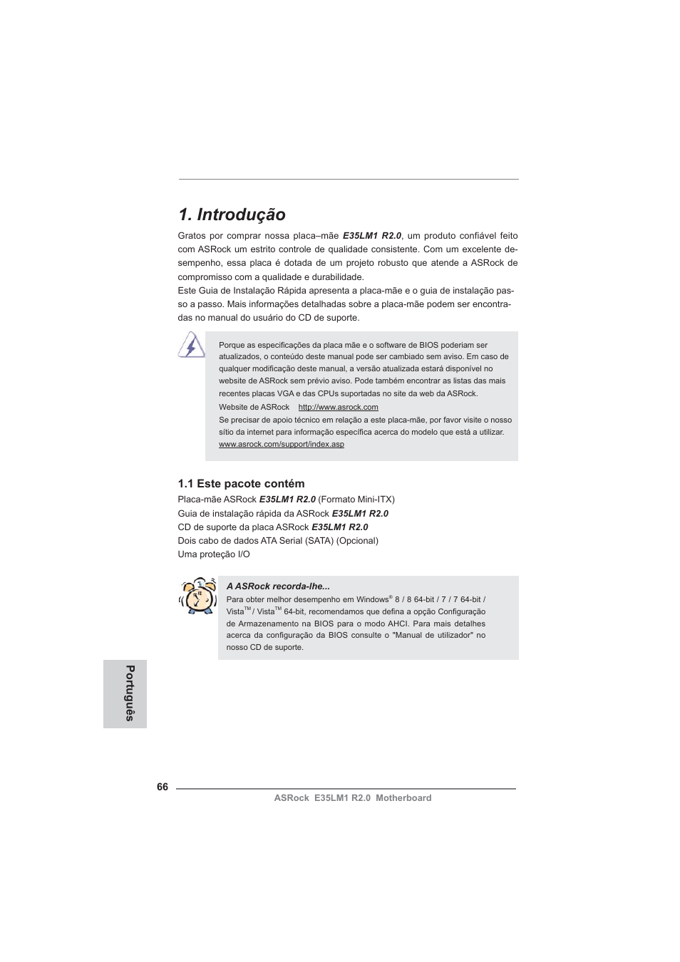 Portuguese, Introdução, 1 este pacote contém | Português | ASRock E35LM1 R2.0 User Manual | Page 66 / 95