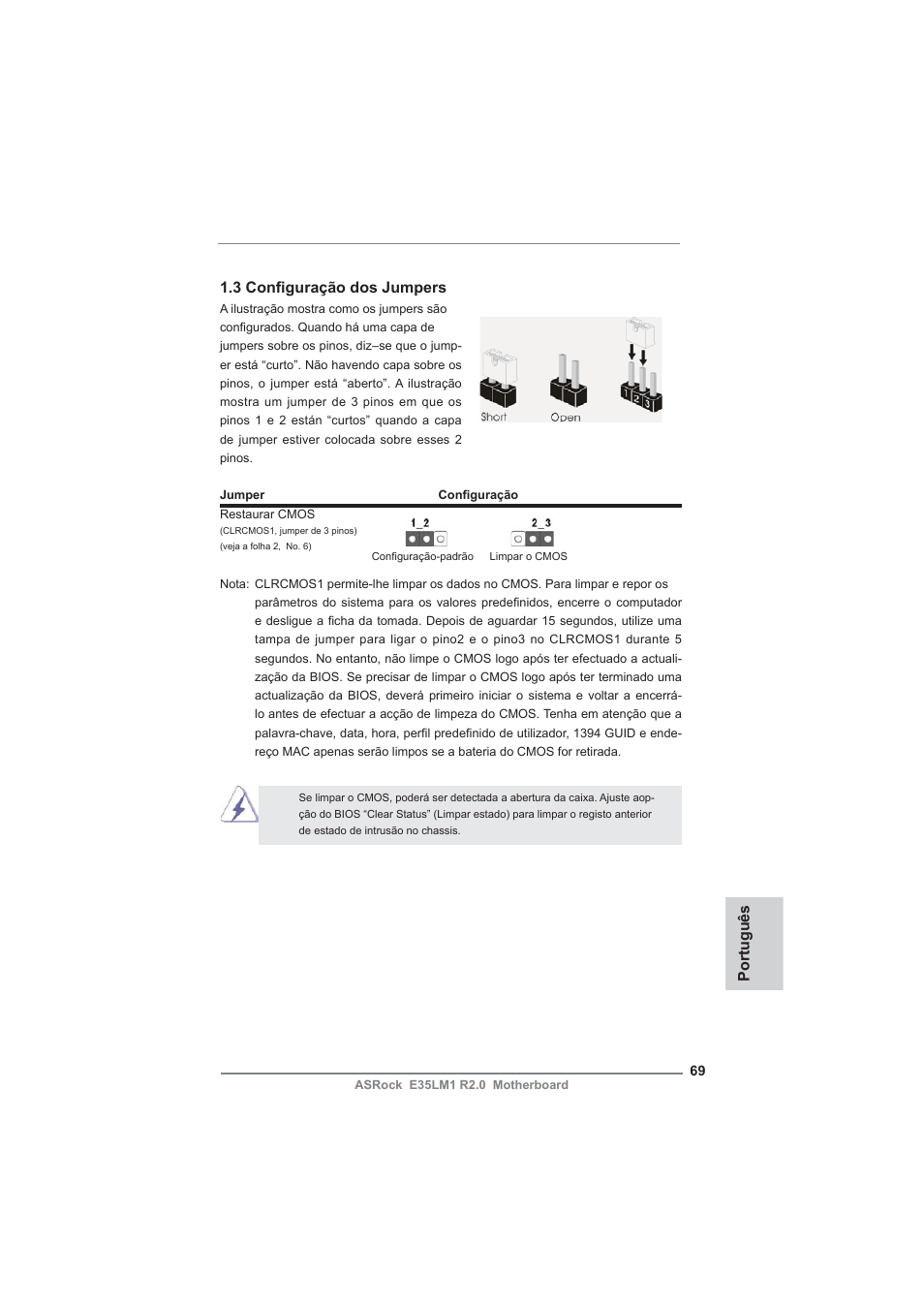 3 confi guração dos jumpers, Português | ASRock E35LM1 R2.0 User Manual | Page 69 / 95
