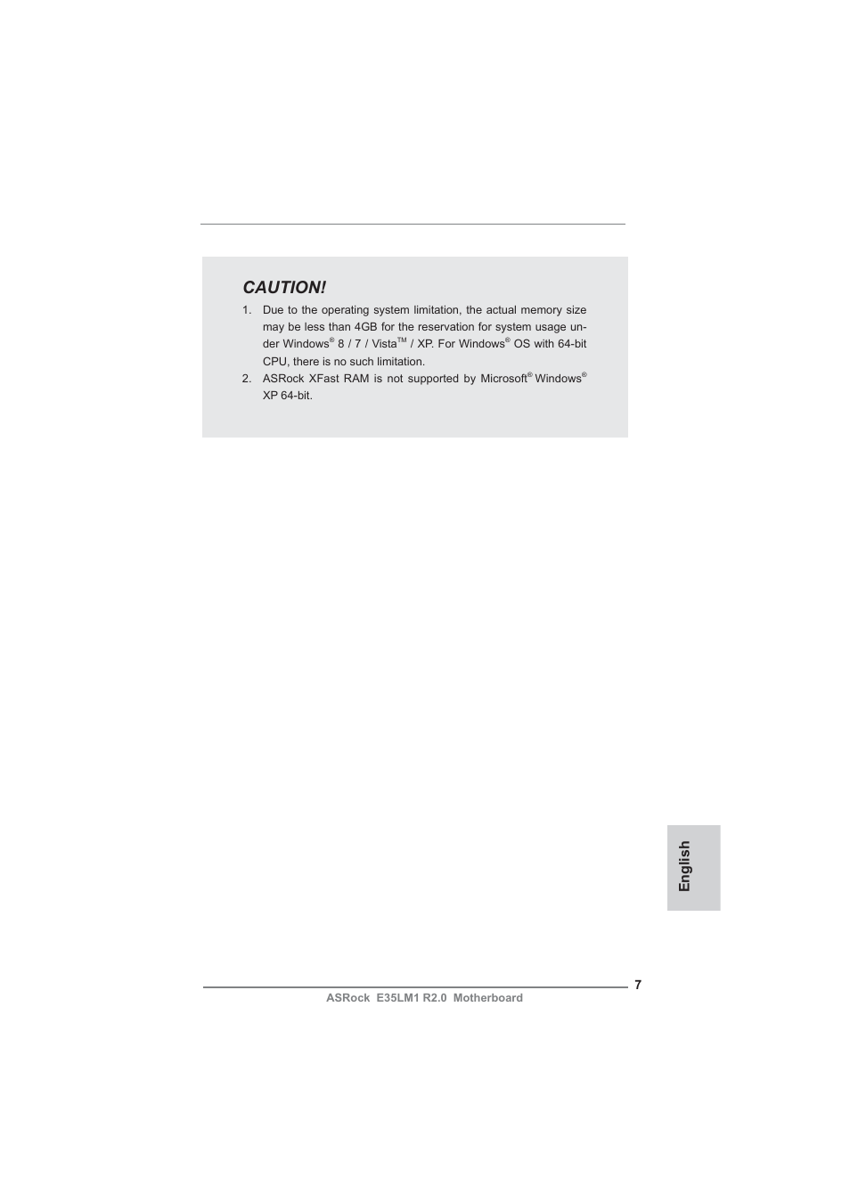 Caution, English | ASRock E35LM1 R2.0 User Manual | Page 7 / 95