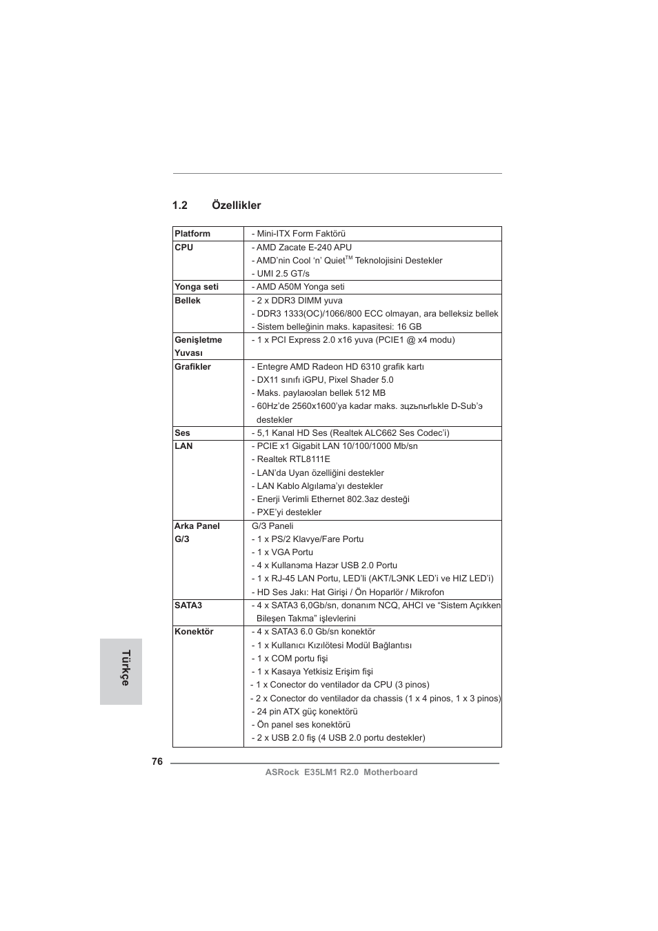 2 özellikler, Türkçe | ASRock E35LM1 R2.0 User Manual | Page 76 / 95