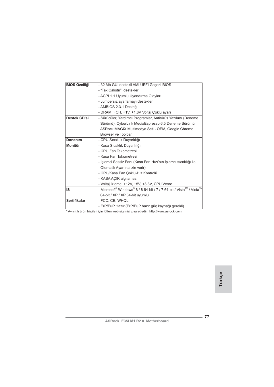 Türkçe | ASRock E35LM1 R2.0 User Manual | Page 77 / 95