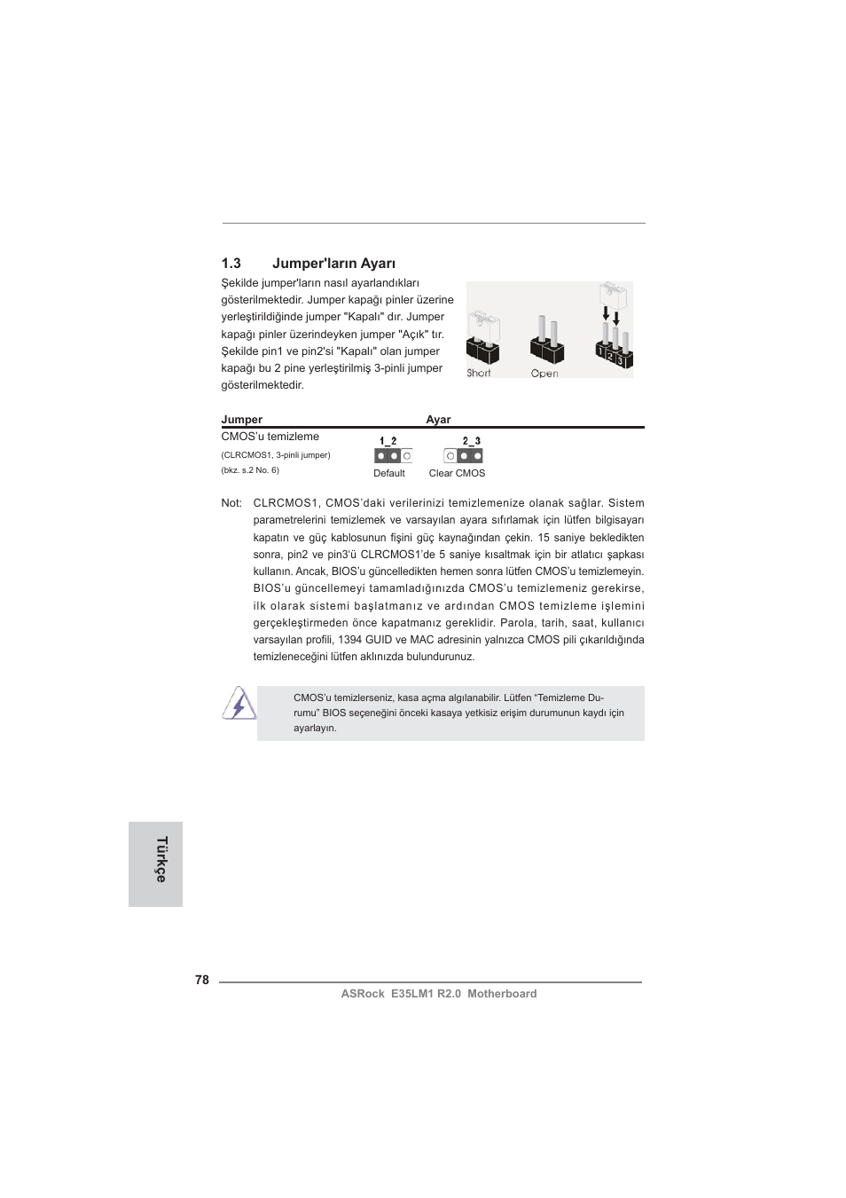 3 jumper'ların ayarı, Türkçe | ASRock E35LM1 R2.0 User Manual | Page 78 / 95