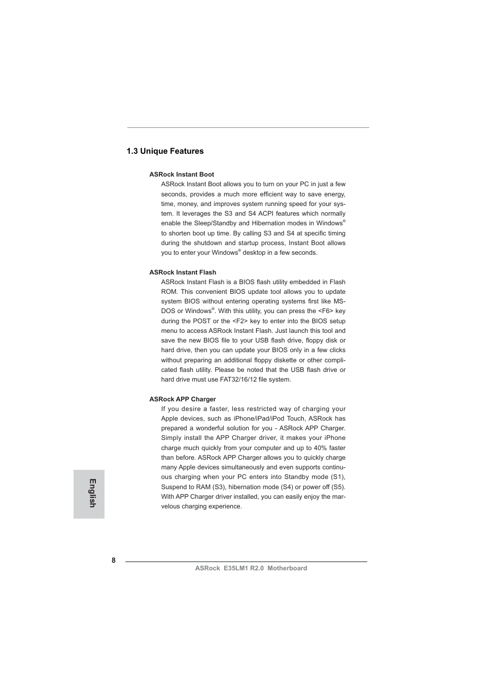 English 1.3 unique features | ASRock E35LM1 R2.0 User Manual | Page 8 / 95