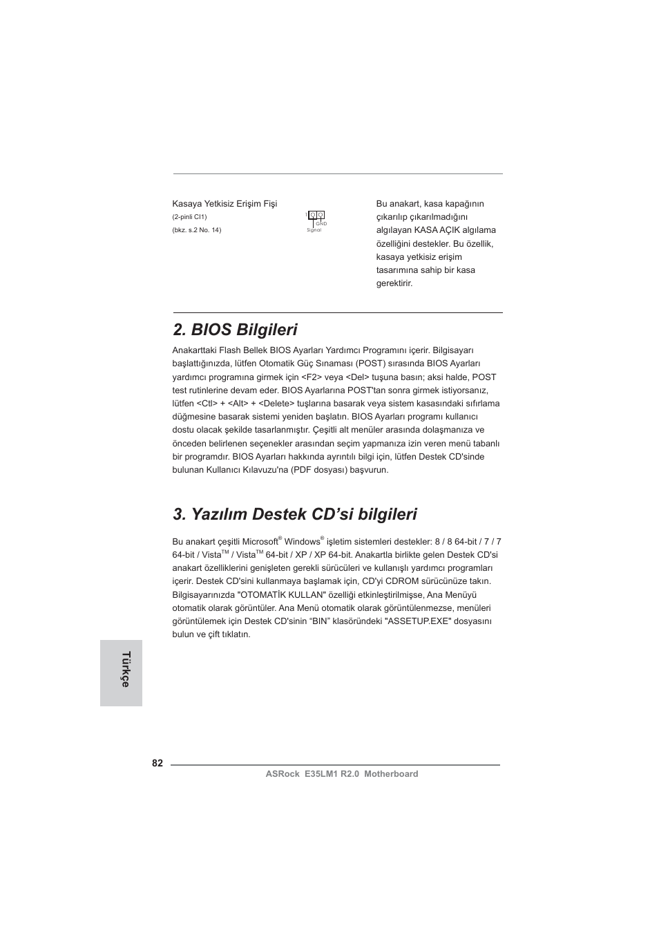 Bios bilgileri, Yazılım destek cd’si bilgileri, Türkçe | ASRock E35LM1 R2.0 User Manual | Page 82 / 95