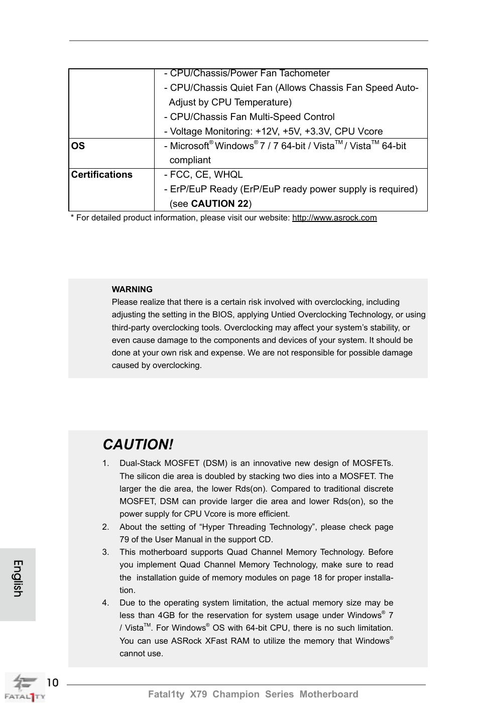 Caution, English | ASRock Fatal1ty X79 Champion User Manual | Page 10 / 265
