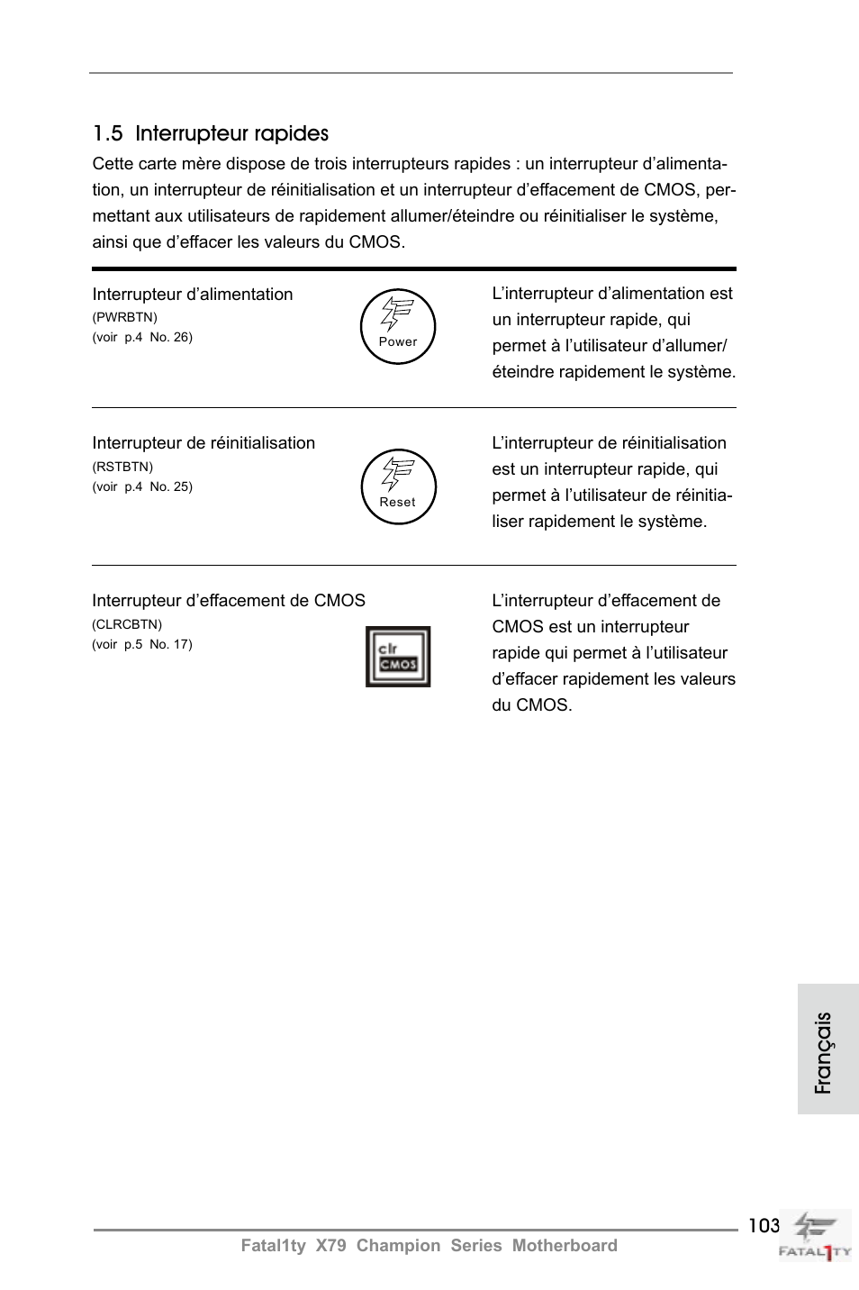 5 interrupteur rapides, Français | ASRock Fatal1ty X79 Champion User Manual | Page 103 / 265