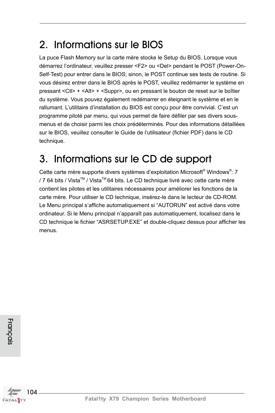 Informations sur le bios, Informations sur le cd de support, Français | ASRock Fatal1ty X79 Champion User Manual | Page 104 / 265